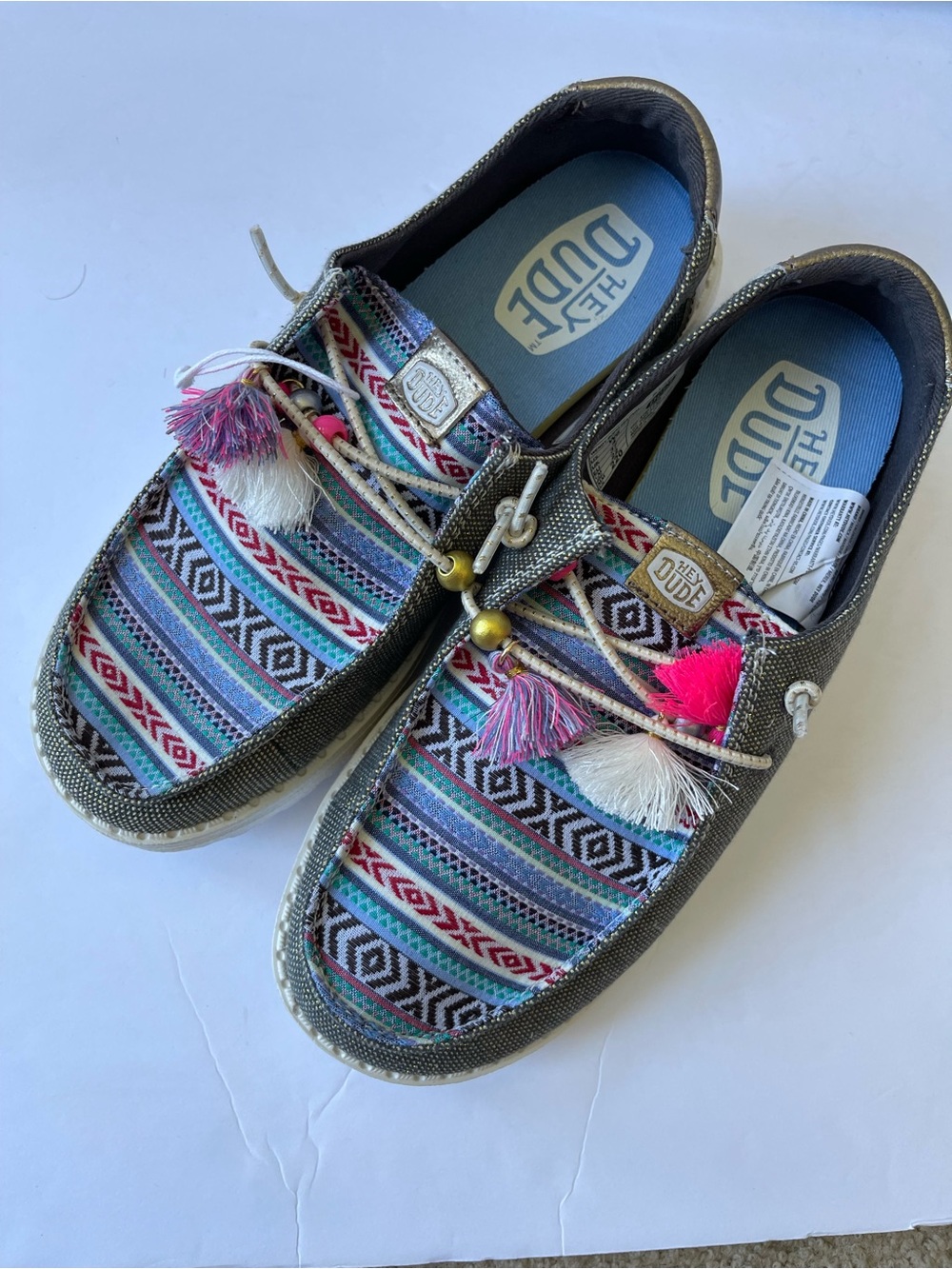 Hey Dude Slip-On Sneakers with Multicolor Aztec Print and Tassels